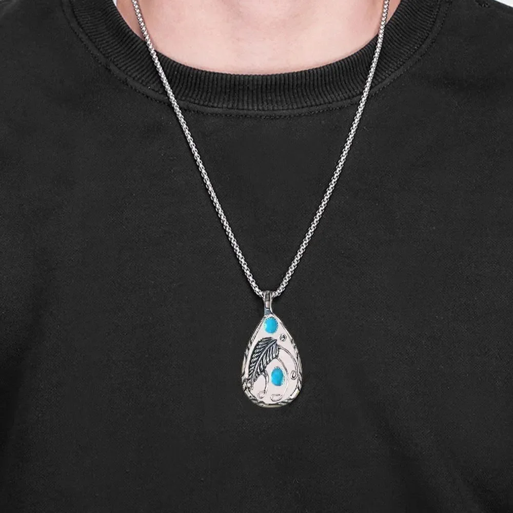 Western Necklace Turquoise Feather Charm Pendant Silver Tone NWOT